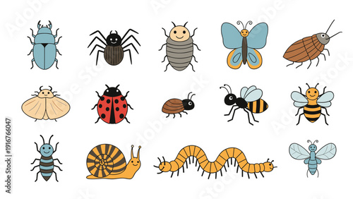 Vibrant cartoon collection features various cheerful insects and bugs like beetles, spiders, butterflies, bees, and a snail, ideal for playful learning.