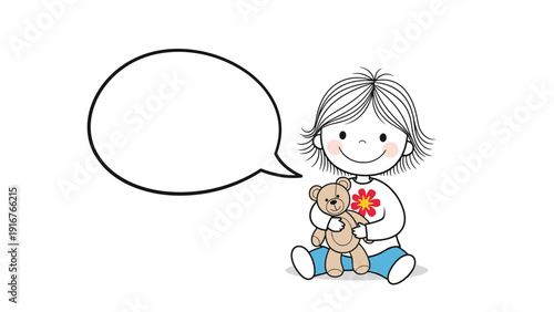 Adorable doodle girl with short hair, holding a cute teddy bear and a red flower, sitting happily with a blank speech bubble for custom messages.