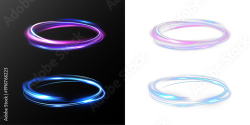 Light neon vortex rings set, glowing purple and blue circular energy trails isolated on black background.
