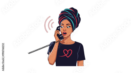 Woman with a colorful head wrap looking surprised and shocked while holding and speaking on a retro corded telephone, with sound waves indicating conversation.