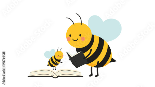 Adorable cartoon mother bee reading an open book to a smaller baby bee, symbolizing education, storytelling, and maternal care in nature.