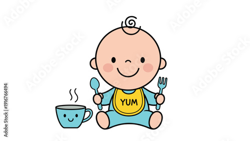 Adorable cartoon baby wearing a "YUM" bib, happily holding a spoon and fork, with a steaming cup nearby, ready for mealtime and eating.