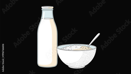 Classic breakfast scene featuring a clear glass bottle of fresh milk standing beside a white bowl filled with nutritious cereal, ready for a healthy meal.