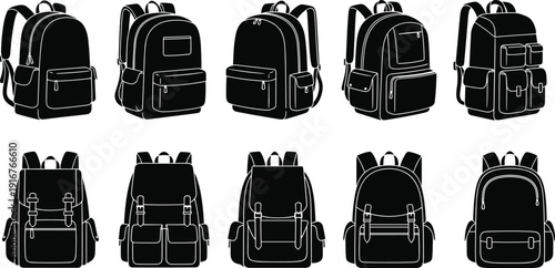 Black backpack silhouettes set with school bags, travel rucksacks, hiking knapsacks, urban daypacks, outdoor luggage icons, cad drawing flat vector illustration.
