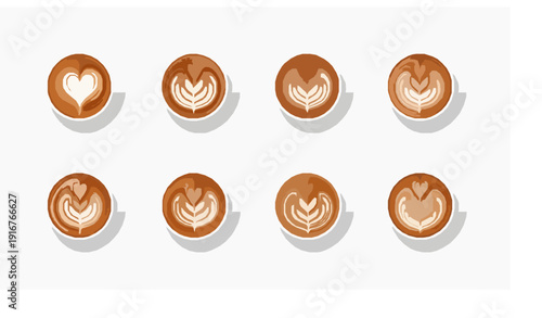 White coffee cups top view with latte art vector collection clean flat style