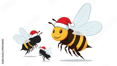 Adorable family of cartoon bees, including a large adult and two smaller ones, all cheerfully wearing festive Santa hats for Christmas celebrations.