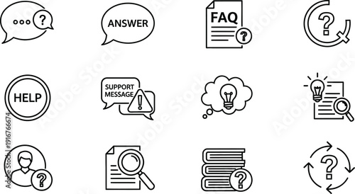 Collection of icons related to help questions and information