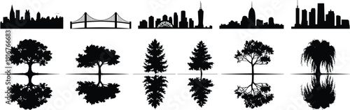 City skyline silhouettes trees reflections urban landscape vector illustration set panorama nature architecture black collection design