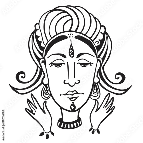 Elegant line art illustration of a divine Indian woman with ornate headdress and jewelry