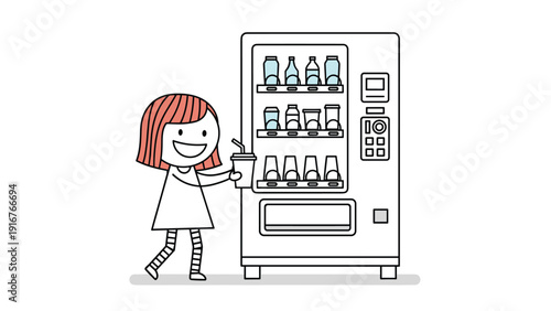 Happy stick figure girl with red hair cheerfully retrieving a drink from a modern vending machine, representing convenience and refreshment.
