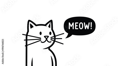 Simple black and white cartoon drawing of a smiling cat with whiskers, vocalizing "MEOW!" in a bold speech bubble, representing feline communication.