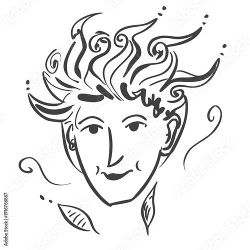 Whimsical Sketch of a Person's Face with Swirling Hair and Floating Leaves, Simple Line Art