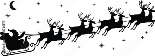 Santa Sleigh Reindeer Christmas Night Moon Stars Silhouette Holiday Winter Festive Vector Illustration