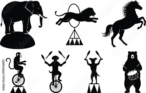 Circus animal silhouettes set with elephant on ball, lion jumping through hoop, horse rearing, monkey on unicycle, juggling dogs, bear drumming, CAD drawing flat vector illustration.