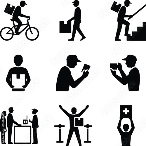 Courier delivery lifestyle icons including bicycle courier parcel handover signature verification filming success celebration and donation box flat vector illustration set