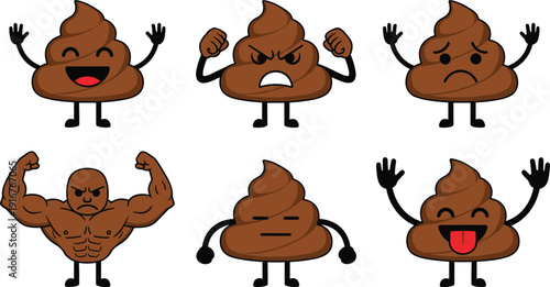 Funny poop emoji character set with happy, angry, sad, muscular, and tongue out expressions, cad drawing flat vector illustration.