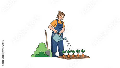 Smiling woman in overalls happily watering a neat row of growing carrots with a blue watering can, symbolizing gardening, cultivation, and fresh produce.