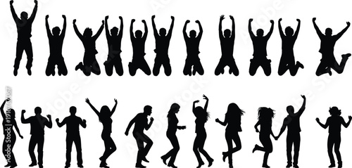 Happy jumping people silhouettes, dancing crowd set, joyful celebration, active lifestyle group, energy and freedom, cad drawing flat vector illustration, party.