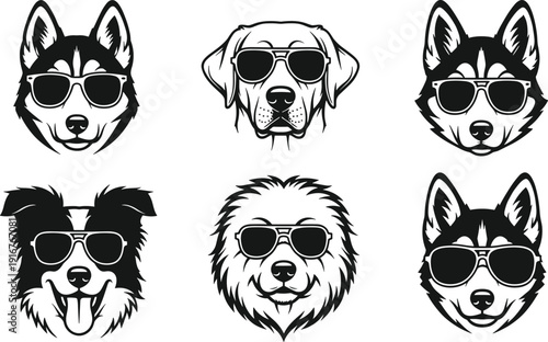 Black and white vector set of cool dog breed heads wearing stylish sunglasses including husky labrador and border collie for pet fashion and branding