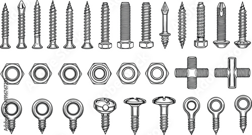 Industrial hardware set with screws, bolts, nuts, eye bolts, and cross connectors, construction fasteners, cad drawing flat vector illustration, metal equipment.