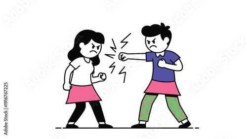 Two cartoon people, a man and a woman, with angry expressions engaged in a fist fight, symbolizing conflict, aggression, and relationship struggles.