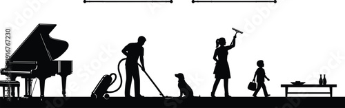 Black vector silhouette of a family cleaning a living room with a vacuum squeegee and dog for home maintenance professional service and housework branding