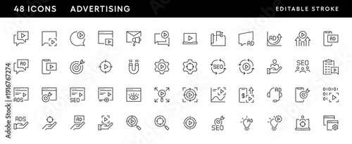 Advertising icon collection. Digital marketing, announcement, promotion, focus, research, search engine and more. Editable stroke. Pixel Perfect. Grid base 32 x 32.