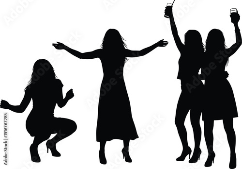 Black vector silhouette of a group of young women celebrating at a party dancing with drinks for nightlife entertainment social events and lifestyle branding