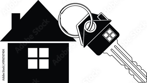 Black vector silhouette of a house icon with a silver key on a keyring for real estate property mortgage home ownership and housing branding