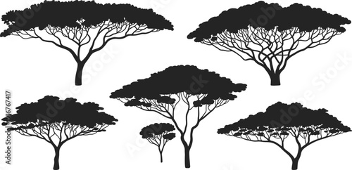 Tree silhouettes nature forest botanical canopy black vector illustration set collection isolated design landscape