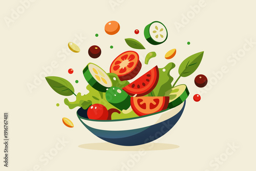 A vibrant vector graphic of a fresh salad in a bowl with vegetables flying around it