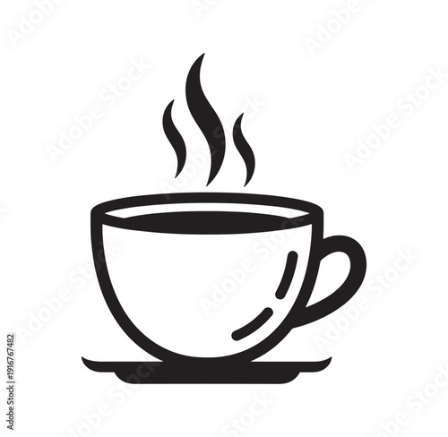 Black and white illustration of a steaming cup of coffee on a saucer