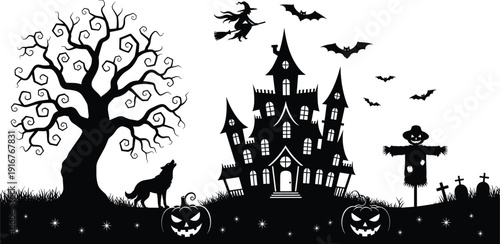 Black vector silhouette of a spooky Halloween landscape with a haunted house creepy tree flying witch bats wolf pumpkins scarecrow and graveyard for holiday branding