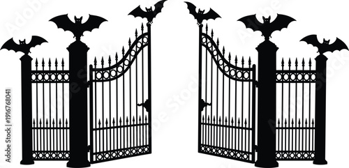 Black vector silhouette of spooky open iron cemetery gates with bats perched on pillars for Halloween party invitations horror themes and mystery gothic branding