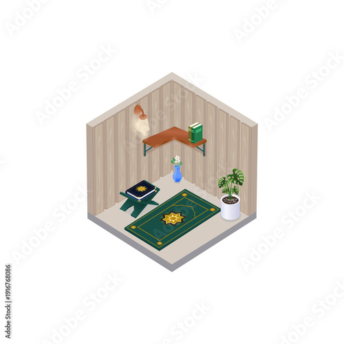 Premium Isometric Islamic Prayer Room Interior with Holy Quran and Sajadah