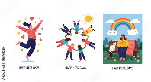 Vibrant illustrations of people experiencing happiness together