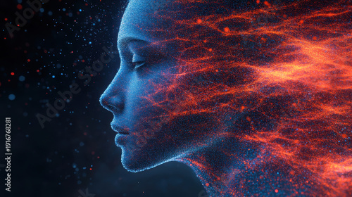 fragmented human face composed of digital particles