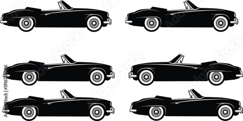 Black vector silhouette set of a classic vintage convertible sports car shown from a side profile for automotive luxury retro travel and transportation branding