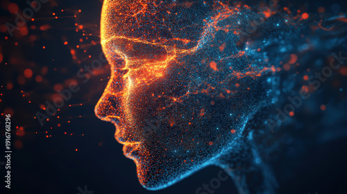 fragmented human face composed of digital particles