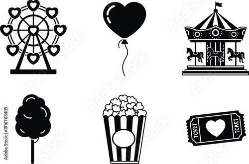 Black vector silhouette set of carnival amusement park icons featuring heart ferris wheel carousel balloon popcorn cotton candy and tickets for festive event branding