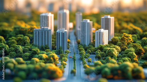 miniature cityscape with white buildings and roads surrounded by green trees