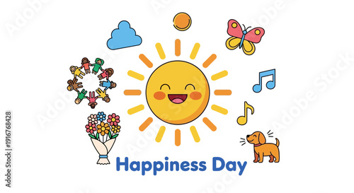 Vibrant Happiness Day celebration with smiling sun and joyful friends