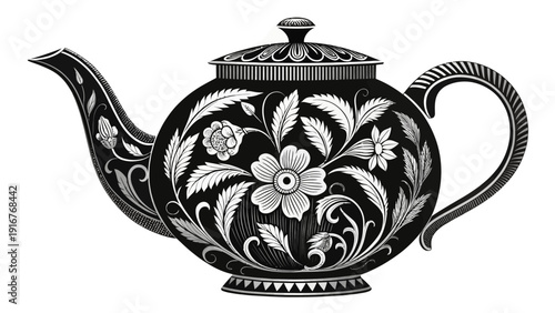 Elegant teapot with floral design in black and white