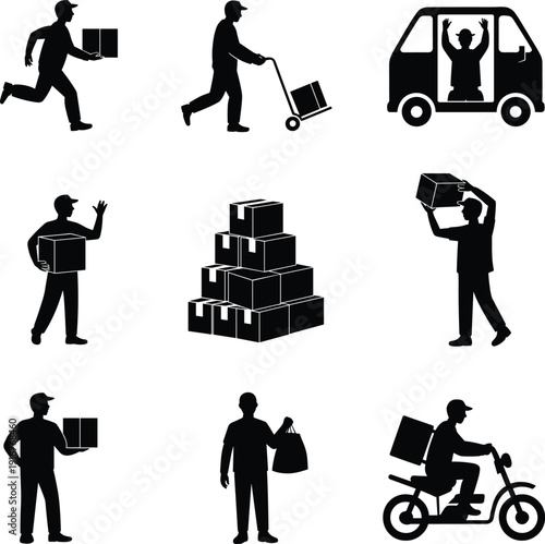 Courier delivery service icons showing running courier trolley van loading parcel stacking scooter shipping workflow flat vector illustration