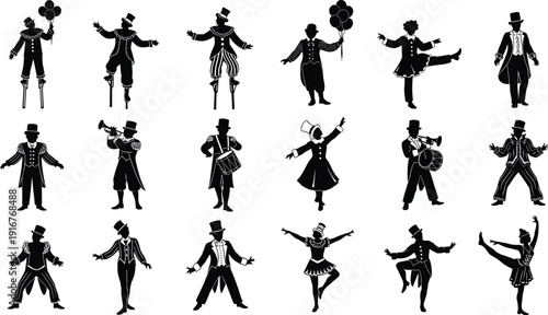 Black vector silhouette set of circus performers featuring stilt walkers clowns with balloons musicians acrobats and dancers for carnival event and entertainment industry branding