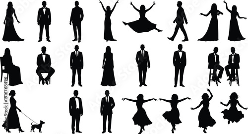 Elegant people silhouettes men women dancing walking sitting formal fashion lifestyle collection isolated black figures flat vector illustration set bundle