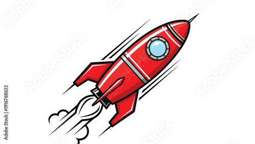 Dynamic red rocket launching swiftly into the sky with trails of smoke, symbolizing progress, innovation, ambition, and space exploration.