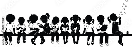 Black vector silhouette set of diverse children sitting in a row reading playing with toys and using tablets for education childhood and school branding