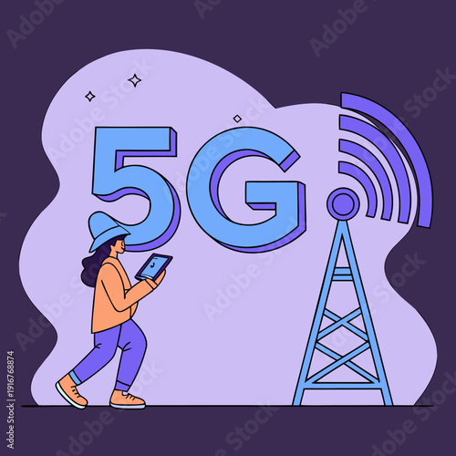 Woman walking with 5G network and communication tower illustration