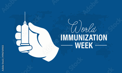 Vector graphic of World Immunization Week poster collection featuring shield symbols, vaccine syringes, protective hands, and family care icons in modern flat vector style. Banner poster, flyer .